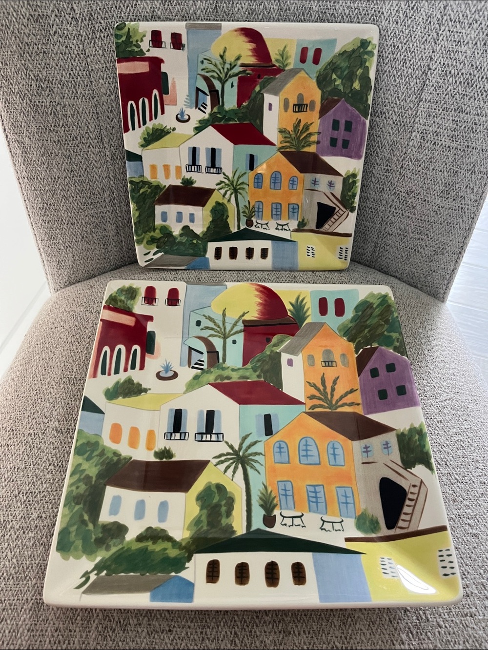 2 Pier 1 Villa del Sol hand painted earthenware square plates tuscan village